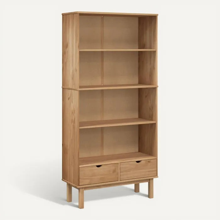 **Technische titel in het Nederlands: Elegante houten boekenkast met open planken en lades**