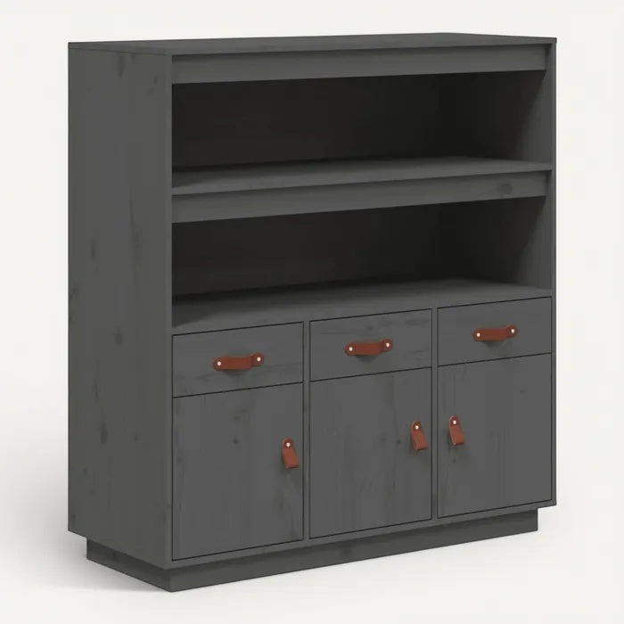 **Technische Titel in het Nederlands: Moderne grijze kast met open planken en lades**