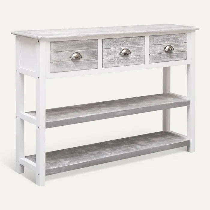 **Houten console met drie lades en openplanken**