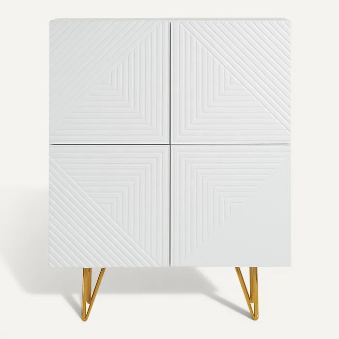 **Technische Titel in het Nederlands: Minimalistisch Wit Meubel met Geometrisch Patroon en Gouden Poten**