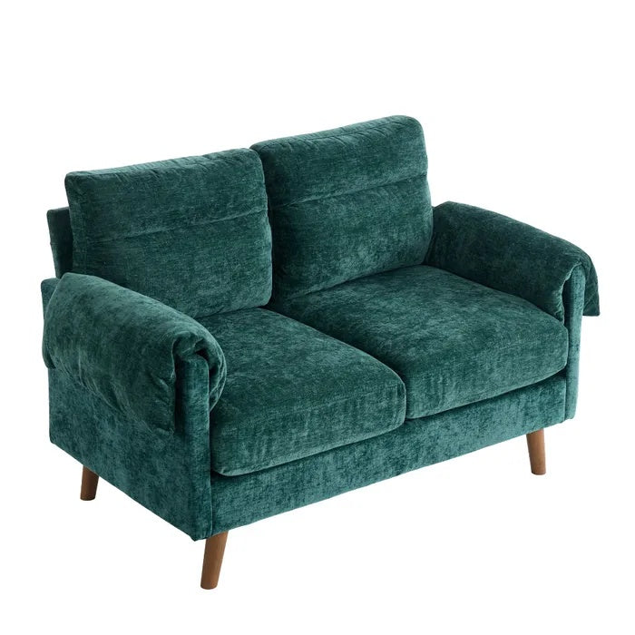 **Comfortabele groene stoffen bank met houten poten**