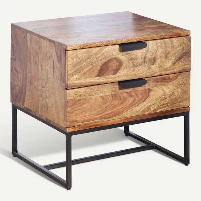 Technische titel in het Nederlands: **Moderne houten nachtkast met metalen poten en lades**